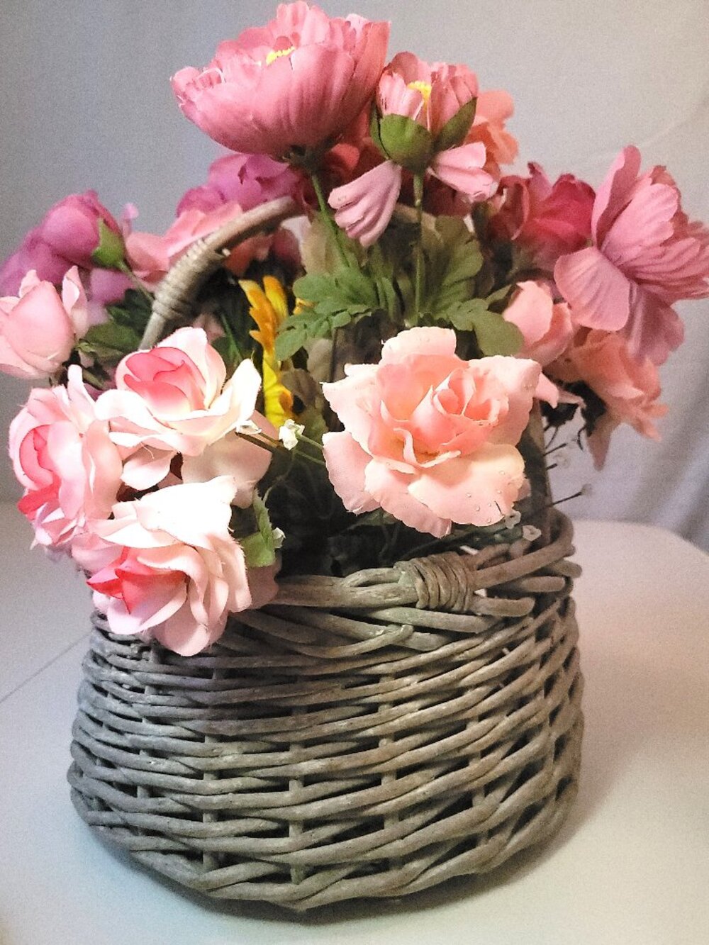 1990s Floral Basket Arrangement Pink Silk Roses Peonies Rustic Woven Basket